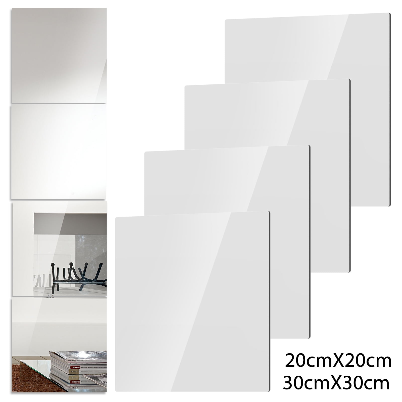 IFAMIO 4 Pack Self Adhesive Acrylic Mirror Sheets 8 x 8 Inch Flexible Non  Glass Mirror Tiles Plastic Wall Mirrors Square Mirror Stickers for Home  Wall