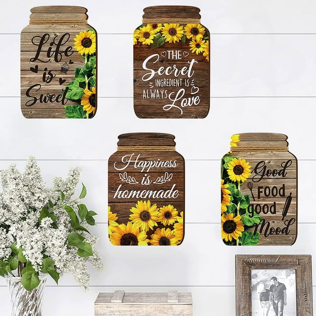 EUWBSSR 4Pcs Mason Jar Wall Decor, Rustic Sunflower Wooden Plaque