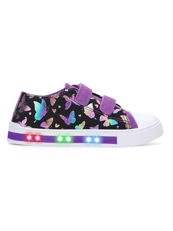 Butterfly Girls Sneakers Light Up Flashing Shoes Toddler Casual Sneakers with Hook and Loop, Big Kid Size 1