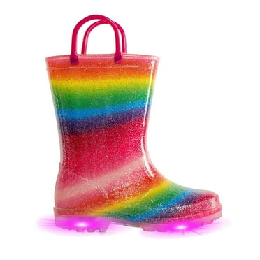 EUXTERPA Girls Glitter Rain Boots Toddler Kids Light Up Rainbow Boots with Handles Toddler Size 10