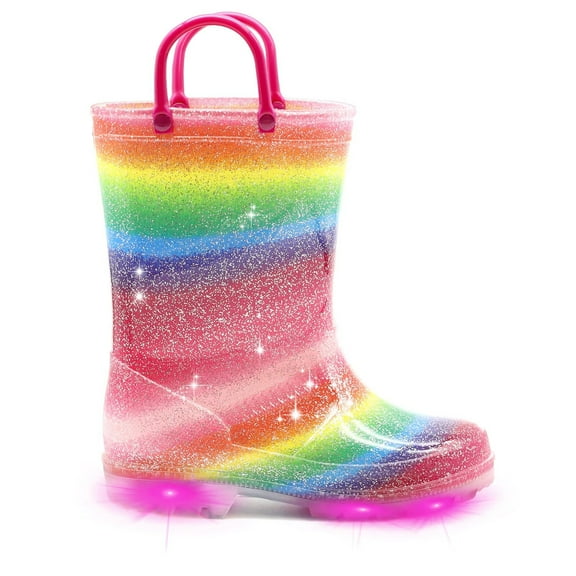 EUXTERPA Girls Glitter Rain Boots Toddler Kids Light Up Rainbow Boots with Handles Little Kid Size 13