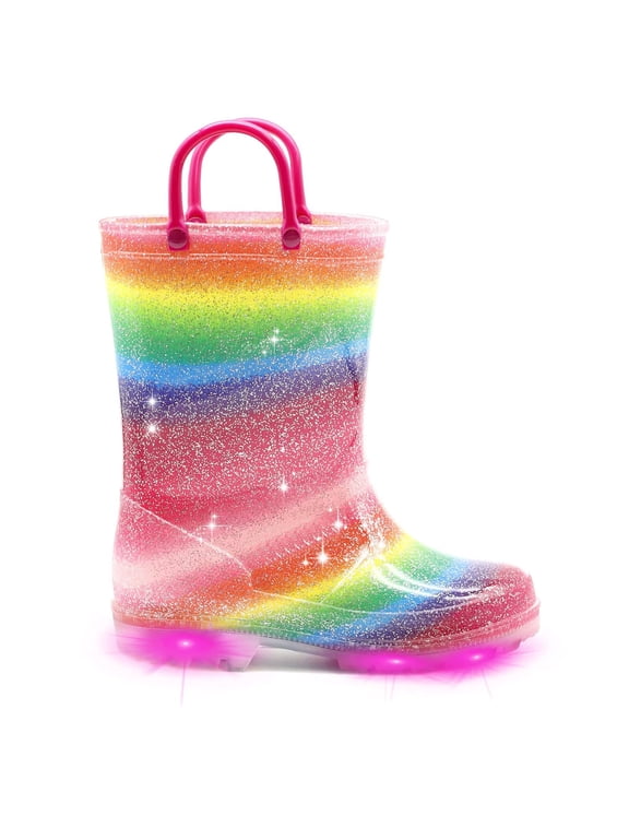 Girls Glitter Rain Boots Toddler Kids Light Up Rainbow Boots with Handles Little Kid Size 13