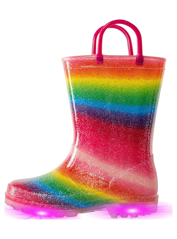 EUXTERPA Girls Glitter Rain Boots Kids Toddler Light Up Rain Boots with Handles Toddler Size 10