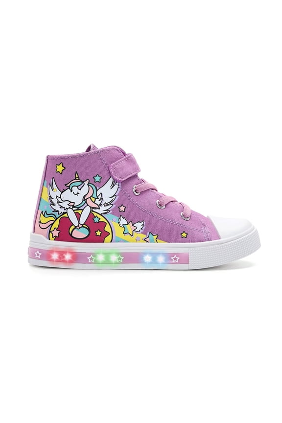 Girls Purple Sneakers Light Up Flashing Shoes Toddler Easy Fasten High Top Canvas Sneaker Little Kid Size 11