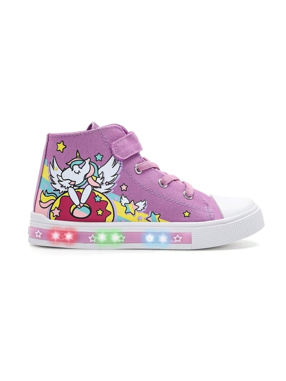 Girls Purple Sneakers Light Up Flashing Shoes Toddler Easy Fasten High Top Canvas Sneaker Little Kid Size 12