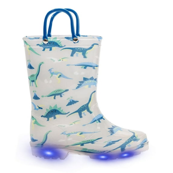 EUXTERPA Boys Grey Dinosaur Rain Boots Toddler Kids Light Up Waterproof Boots with handles Little Kid Size 12