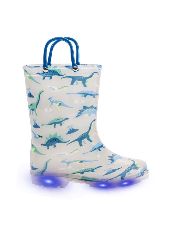 Boys Grey Dinosaur Rain Boots Toddler Kids Light Up Waterproof Boots with handles Little Kid Size 13