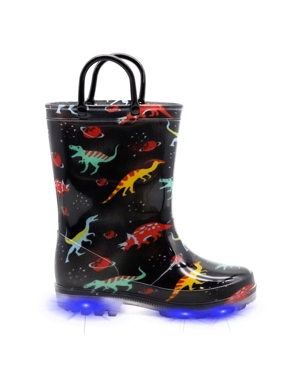 Boys Black Dinosaur Rain Boots Toddler Kids Light Up Waterproof Boots with handles Toddler Size 10