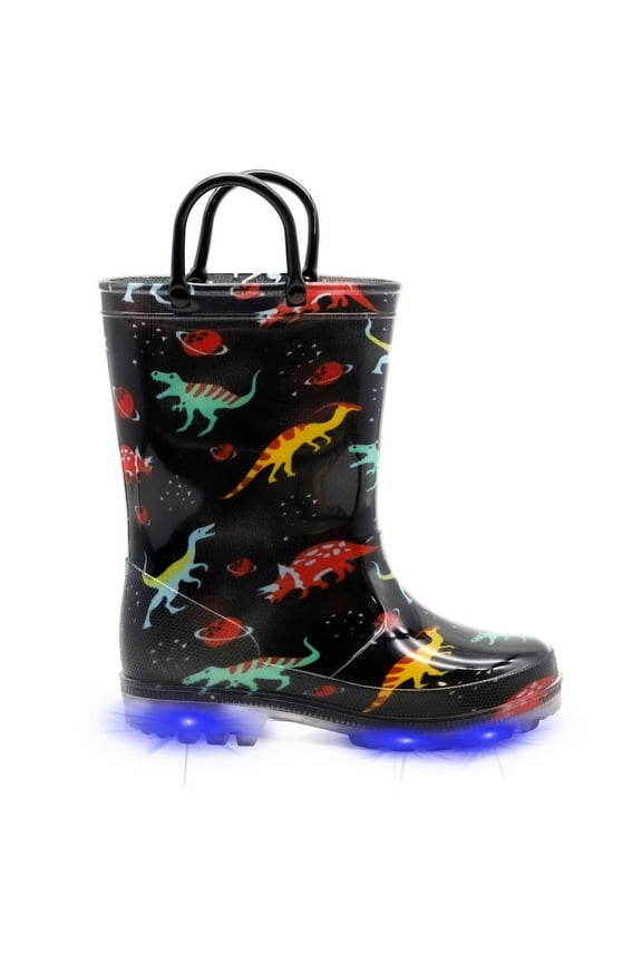 Boys Black Dinosaur Rain Boots Toddler Kids Light Up Waterproof Boots with handles Little Kid Size 11
