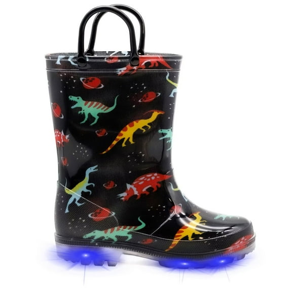EUXTERPA Boys Black Dinosaur Rain Boots Toddler Kids Light Up Waterproof Boots with handles Little Kid Size 13
