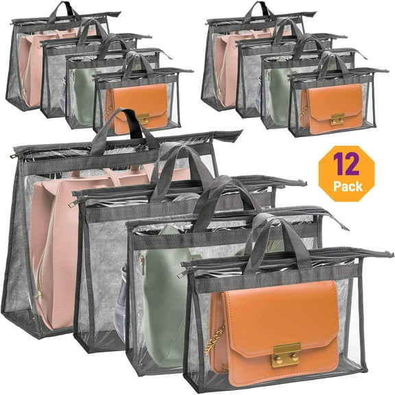 BTEPSGA 12 Pack Dust Bags for Handbags, Clear Handbag Storage Organizer for Closet, Purse Protector Storage Bag with Zipper and Handle, Hanging Dust Cover Bag for Handbags