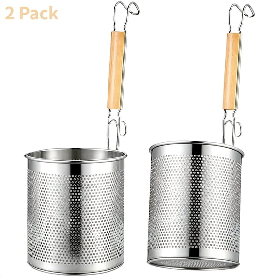 EUZODNAK 2 Pieces Pasta Strainer, Stainless Steel Mesh Spider Strainer, Basket Fine mesh Pasta Strainer Basket with Wooden Handle Good For Boiling Food Spaghetti Dumpling