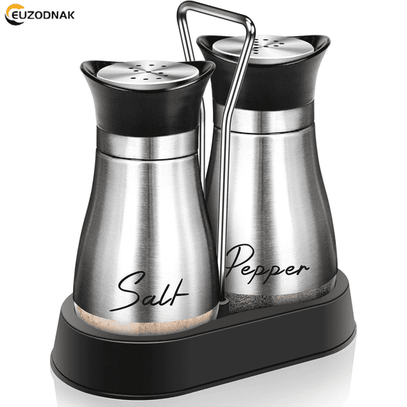 BTEPSGA 2PCS Salt and Pepper Shakers Set with Holder,4 oz Stainless Steel Salt Shaker with Glass Bottom Kitchen Gadgets for Counter Modern Decor Table,RV,Camp,BBQ Refillable Design