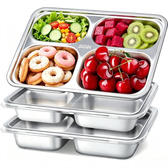EUZODNAK 3 Pack Stainless Steel Snack Containers with Lids - 4 Compartments Bento Snack Boxes - Reusable Meal Prep Lunch Containers for Adults - Divided Food Storage Containers for Home Travel