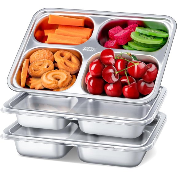 EUZODNAK 3 Pack Stainless Steel Snack Containers with Lids - 4 Compartments Bento Snack Boxes - Reusable Meal Prep Lunch Containers for Adults - Divided Food Storage Containers for Home Travel