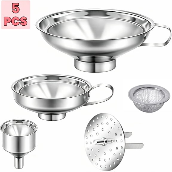 Ludolm 5 Pieces Stainless Steel Funnels Set Canning Funnel Fine Mesh Strainer Mesh Filter Compatible with Wide and Regular Narrow Mouth Mason Jar