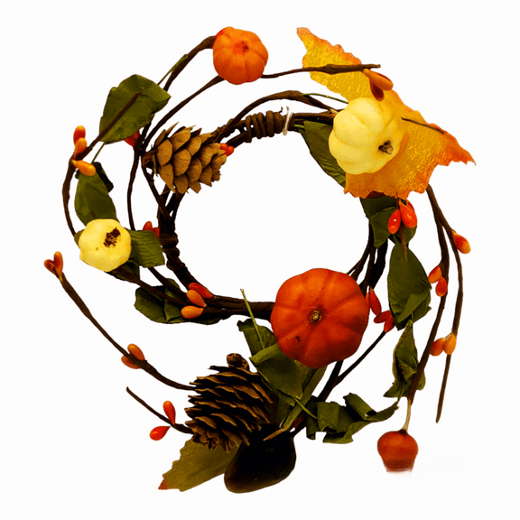 EV-094R-2 Orange/Green Primitive Pumpkin Berries Candle Rings for Fall and Thanksgiving Decoration 2.5" in Diameter
