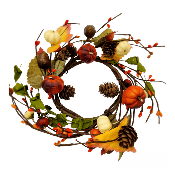 EV-094R-4 Orange/Green Primitive Pumpkin Berries Candle Rings for Fall and Thanksgiving Decoration 4.5" Inside Diameter