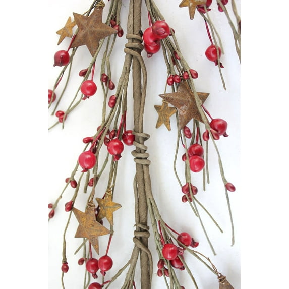 EV-103N Primitive Pip Berry Garland with Star in Red Color - 5 foot / 60 inches Length, Christmas or All Season Color Garland, Home Decor, Wedding, Fireplace, Kitchen and Dining Table Decor