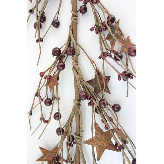EV-104N Burgundy Primitive Pip Berries Garland with Rusty Stars