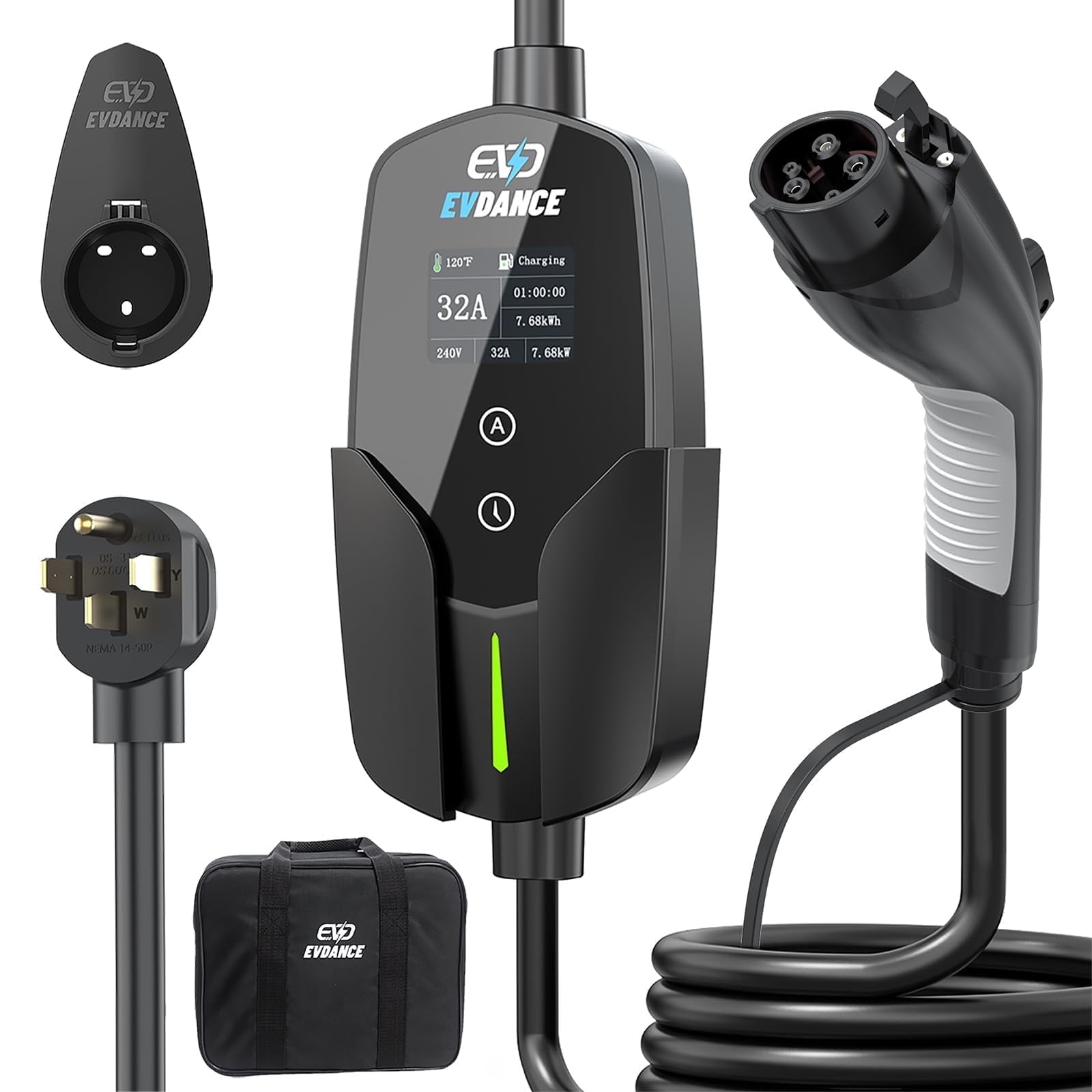 EV Charger (32Amp, 240V, NEMA 14-50P), 7.68kw Portable Level 2 EV Charger with 25ft Cable, Adjustable Current/Delay Chargin for Home Level 2