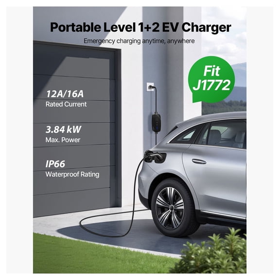 EV Charger Level 1/2, 16 Amp Portable Electric Vehicle Charging Station with 25ft Cable