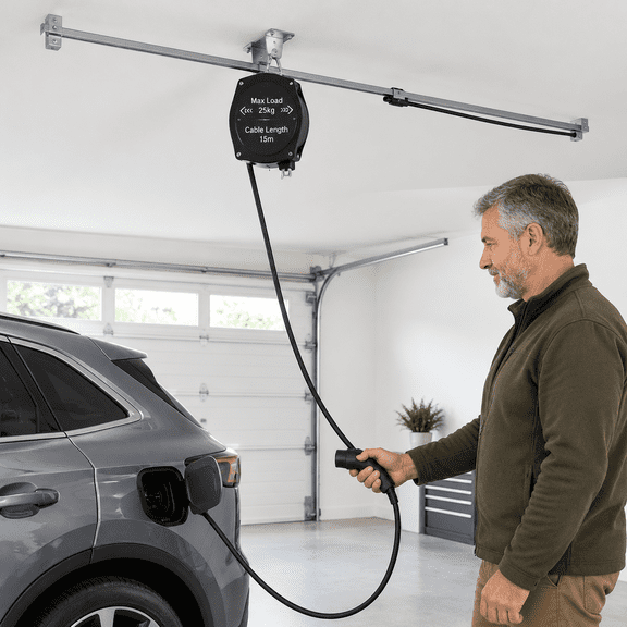 EV Retractable Cord Reel Overhead Charging Cable Organizer for 2-Car Garages 6.6 Ft Reach