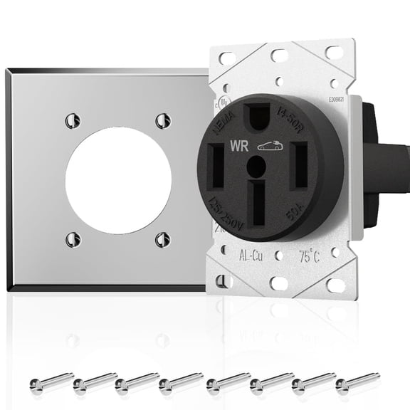 EV outlet W/ wall plate, EV Charger 50Amp 125/250V Receptacle 50A 125/250V Flush Mounting Power Outlet, Heavy Duty Range Receptacle, Grounding, 3 Pole 4 Wire, UL Listed, 1 Pack