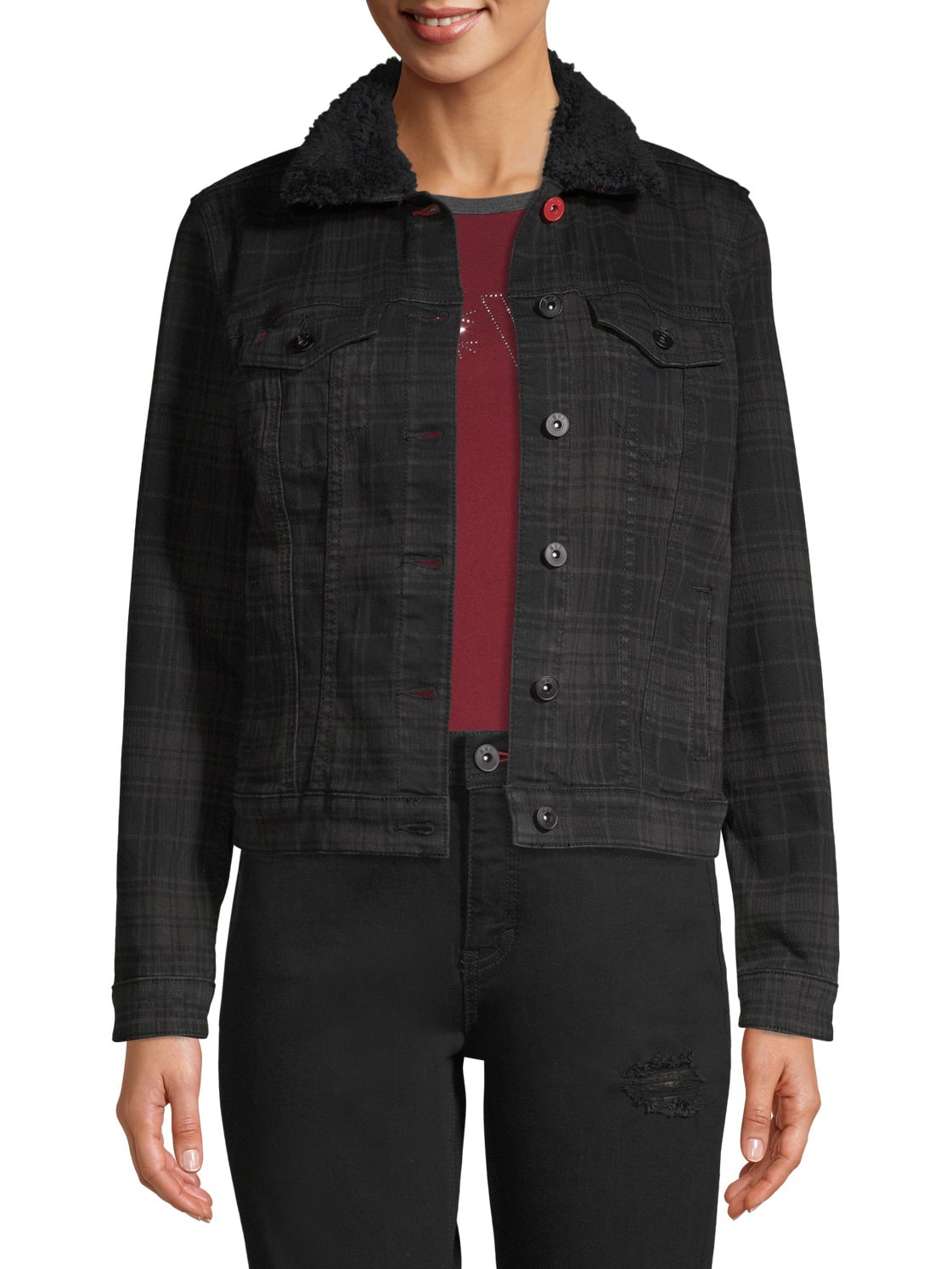 EV1 from Ellen DeGeneres Plaid Trucker Denim Jacket Women s Walmart