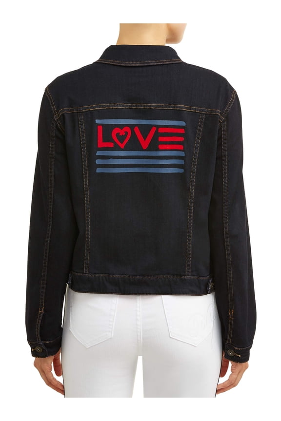 Women's Dark Wash Denim Jacket with Love Flag