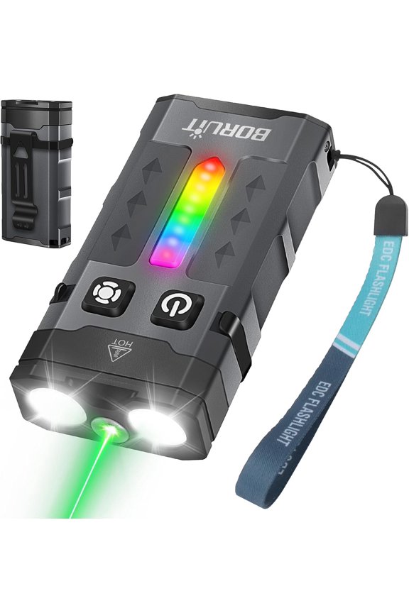 EV20L LED Rechargeable Small EDC Flashlight with Green Beam,Pocket Keychain Flashlights with RGB Side Light,IP66 Waterproof,Clip & Tail Magnet for Outdoors Emergency Camping,Aluminum Black