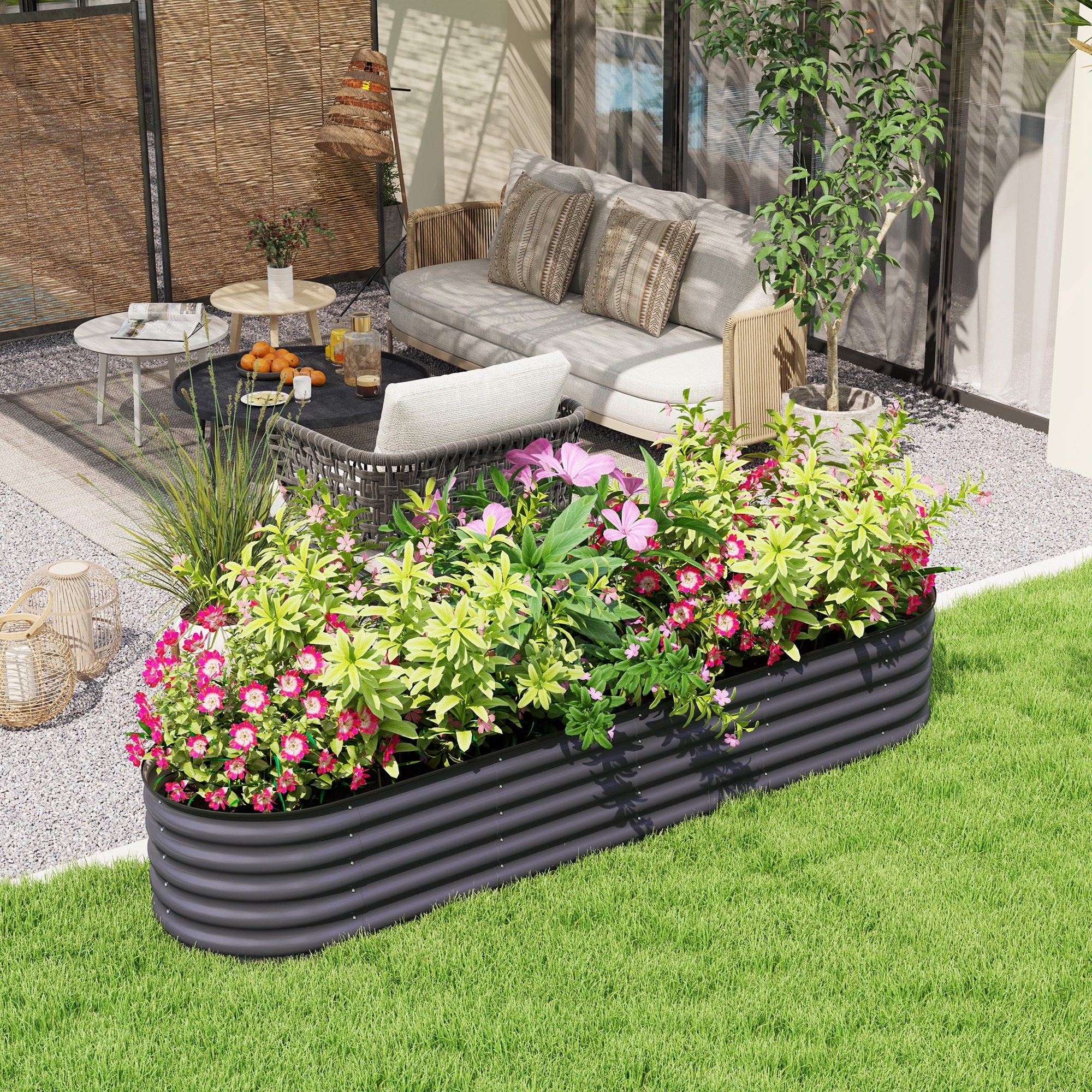 Dark Gray Galvanized Steel Raised Garden Bed Kit with Safety Edging