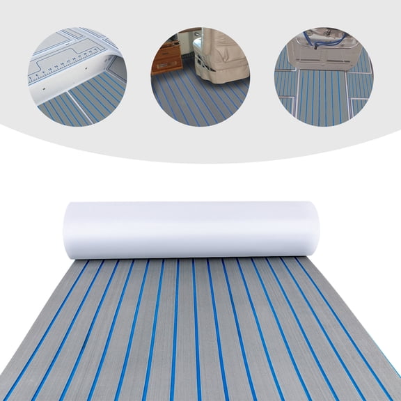 EVA Faux Teak Decking Sheet for Fish Boat Yacht Non-Slip Marine Flooring Mat (Light Grey with Blue Stripes, 94.5"x35.4")