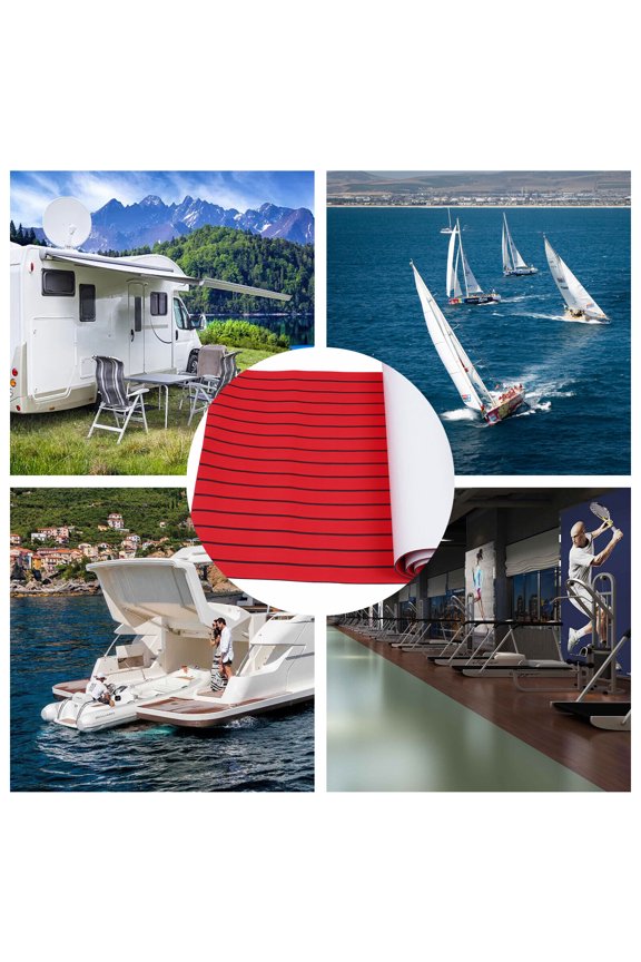 EVA Foam Boat Flooring Mat 94.5"x35.4" 6mm Thick Non-Slip Marine Decking with Self-Adhesive Backing, Teak-Style Pattern for Yacht, Pontoon, RV, Gym & Home Red with Black Lines