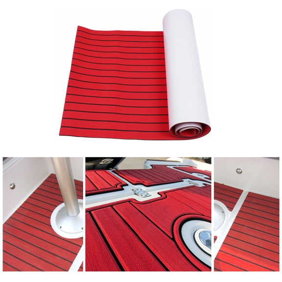 EVA Foam Marine Flooring Mat 240x90cm, Self-Adhesive Non-Slip Teak Floor Mat with Fur Surface for Boat and Home Use, Red with Black Lines