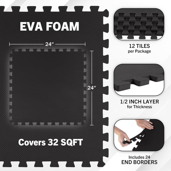 EVA Foam Mat Tiles 12-Pack - 48 SQ FT of Interlocking Padding for Garage, Playroom, or Gym Flooring - Exercise Mat or Baby Playmat by  (Black)