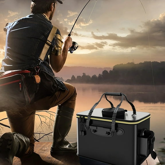 EVA Folding Fishing Bucket, Thickened Live Fish Storage Bucket, Portable Outdoor Fishing Supplies, Large Capacity 21L, Oxygenation Function, Side Storage Bag, Adjustable Shoulder Strap, Durable