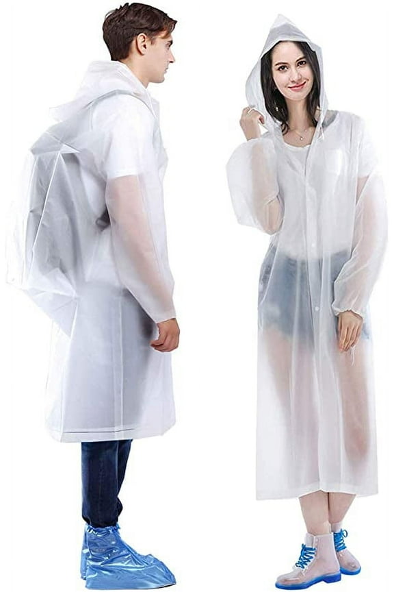 EVA Rain Poncho for Adults, 2 Pack Reusable Raincoat with Hoods and Sleeves, White