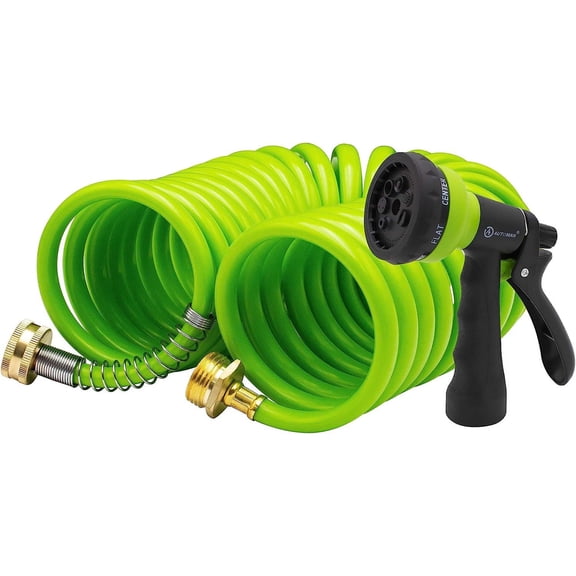 EVA Recoil Garden Hose 25ft - Includes 7 Pattern Spray Nozzle,Curly Water Hose 25 Foot,Watering Hose Coil,Retractable,Corrosion Resistant Garden Coil Hose.Green