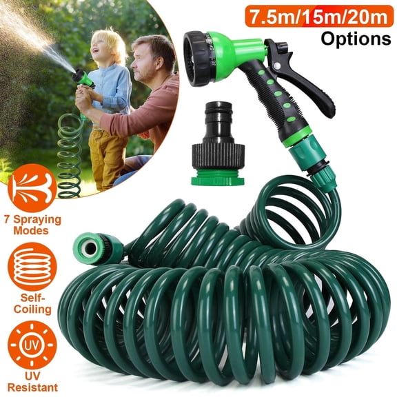 EVA Recoil Garden Hose 65ft Flexible 7 Pattern Spray Nozzle Garden Water Hose with 3/4" and 1/2" Adapter for Boat Greenhouse Yard Patio Green