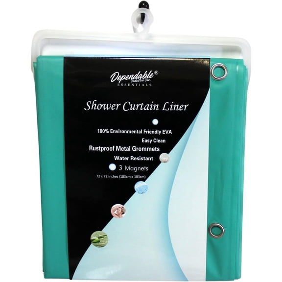 EVA Shower Curtain Liner - Water-Resistant, Rustproof Metal Grommets, 3 Magnets Bottom 72" x 72" Size (Turquoise)