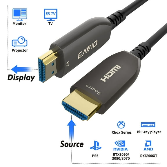 EVAIO 8K Fiber Optic HDMI Cable 100 FT, HDMI 2.1, 48Gbps, eARC, 8K@60Hz, 4K@120Hz, Compatible with RTX 3080/3090, Xbox Series X, PS5 etc