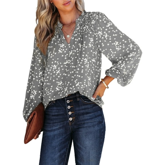 SHEWIN Blouses for Women Casual V Neck Long Sleeve Pleated Smocked Boho Floral Print Tunic Tops Business Dressy Top Shirts Gray M