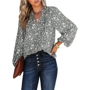 SHEWIN Blouses for Women Fall Long Sleeve V Neck Tunic Tops Casual Boho Floral Printed Chiffon Shirts Gray L