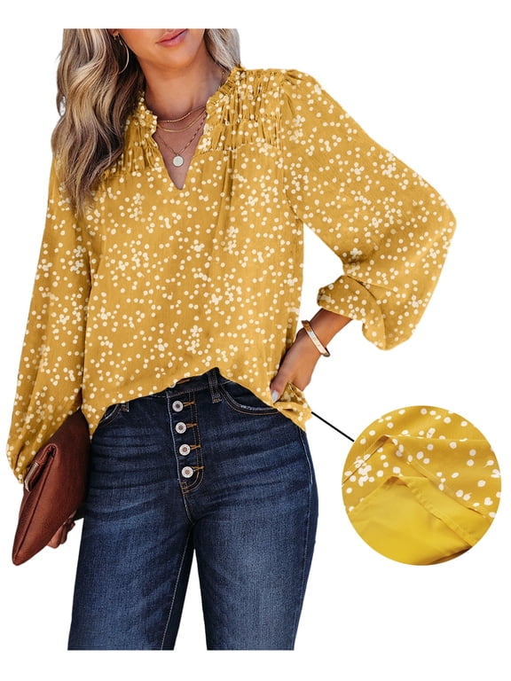 Blouses for Women Long Sleeve V Neck Smocked Tops Casual Boho Floral Print Chiffon Blouse Shirts Yellow M