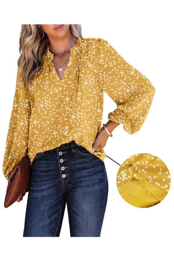 Blouses for Women Long Sleeve V Neck Smocked Tops Casual Boho Floral Print Chiffon Blouse Shirts Yellow M