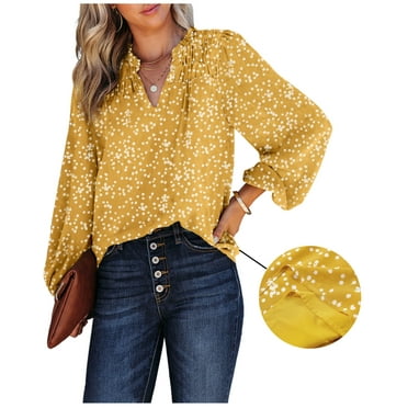 EVALESS Blouses for Women Long Sleeve V Neck Smocked Tops Casual Boho Floral Print Chiffon Blouse Shirts Yellow M