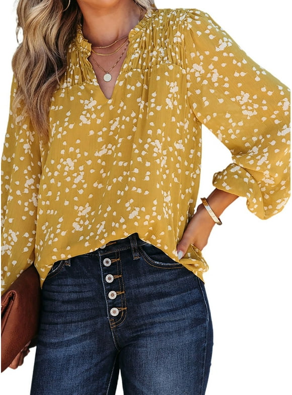 EVALESS Blouses for Women Long Sleeve V Neck Smocked Tops Casual Boho Floral Print Chiffon Blouse Shirts Yellow M