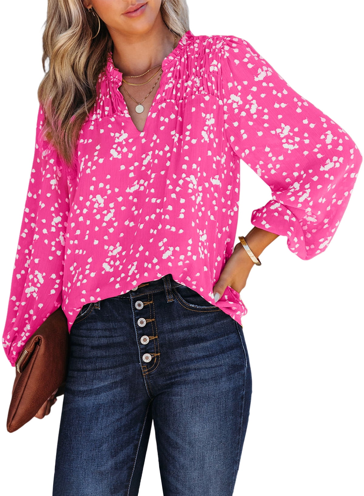 EVALESS Blouses for Women Smocked Casual V Neck Long Sleeve Floral ...