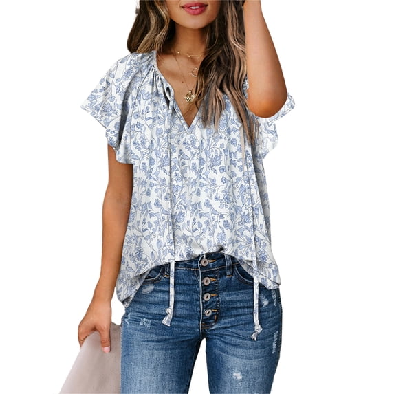 EVALESS Boho Shirt for Woman Floral Print V Neck Blouses Casual Ruffle Short Sleeve Drawstring Tunic Tops Sky Blue M